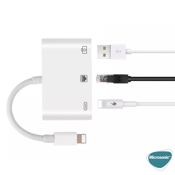 Microsonic Lightning to Ethernet USB Adapter Kablo iPhone iPad USB Ethernet Dönüştürücü Adaptör Beyaz 3