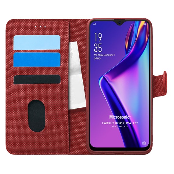 Microsonic Oppo A12 Kılıf Fabric Book Wallet Kırmızı 1