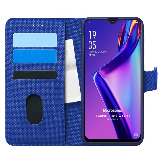 Microsonic Oppo A12 Kılıf Fabric Book Wallet Lacivert 1