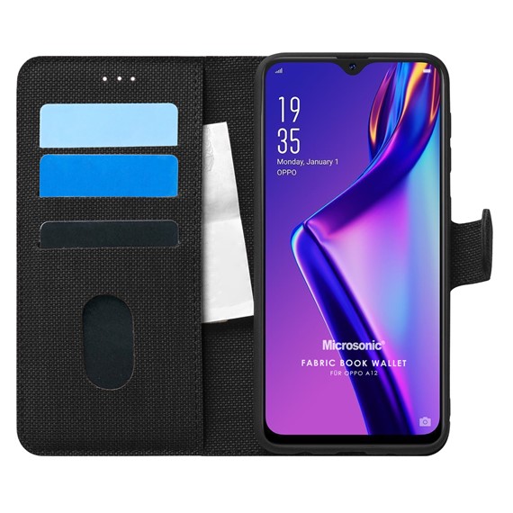 Microsonic Oppo A12 Kılıf Fabric Book Wallet Siyah 1