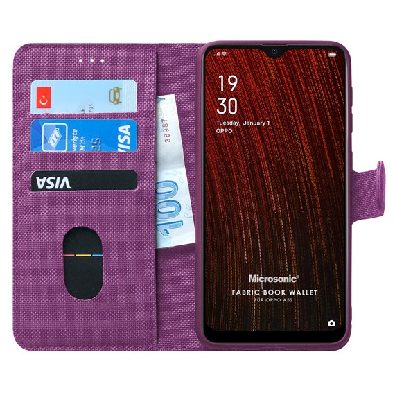 Microsonic Oppo A5S Kılıf Fabric Book Wallet Mor 1