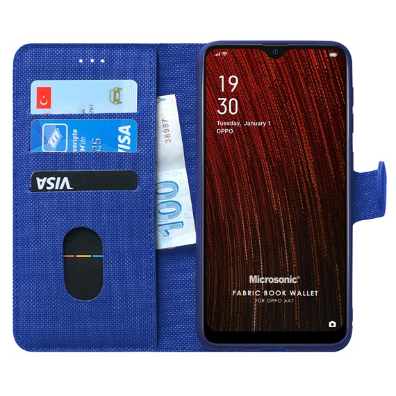 Microsonic Oppo AX7 Kılıf Fabric Book Wallet Lacivert 1