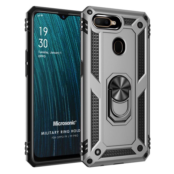 Microsonic Oppo F9 F9 Pro Kılıf Military Ring Holder Gümüş 1