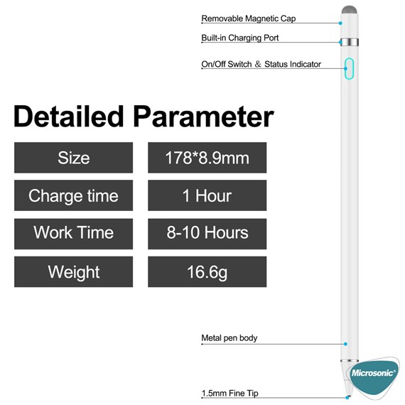Microsonic Pencil Hassas Stylus Şarj Edilebilir Dokunmatik Çizim Kalemi Beyaz 6