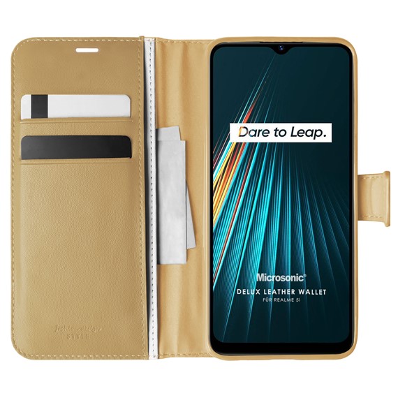 Microsonic Realme 5i Kılıf Delux Leather Wallet Gold 1