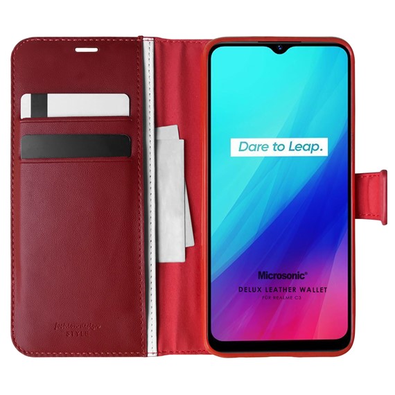 Microsonic Realme C3 Kılıf Delux Leather Wallet Kırmızı 1