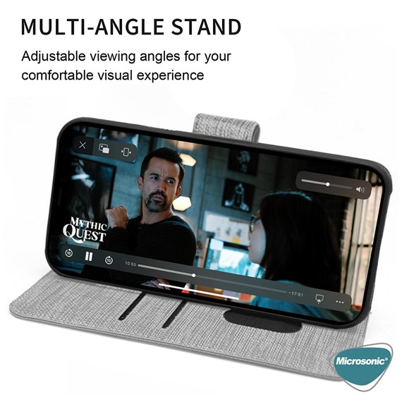 Microsonic Apple iPhone 14 Kılıf Fabric Book Wallet Gri 3