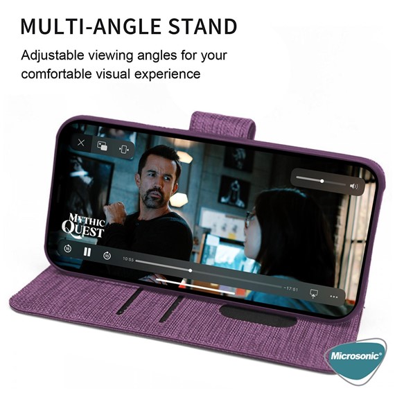 Microsonic Apple iPhone 14 Plus Kılıf Fabric Book Wallet Mor 3