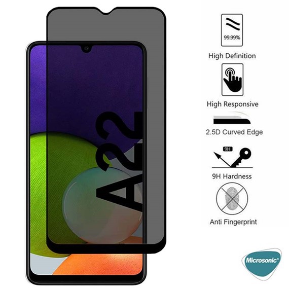 Microsonic Samsung Galaxy A22 4G Privacy 5D Gizlilik Filtreli Cam Ekran Koruyucu Siyah 3