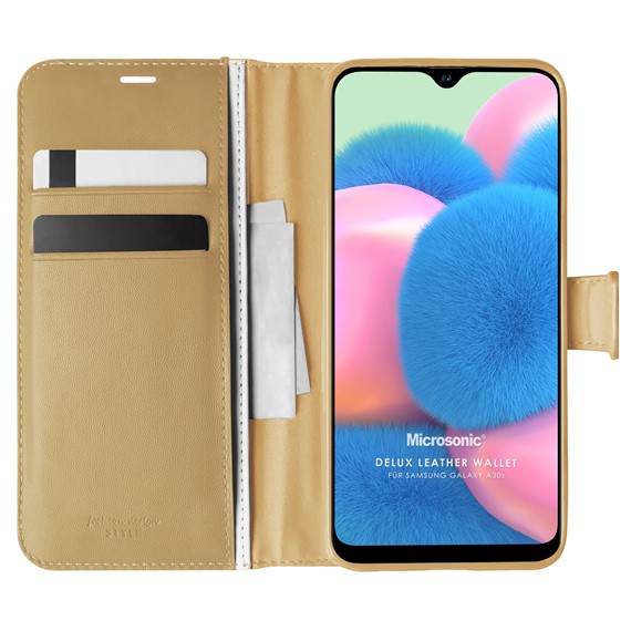 Microsonic Samsung Galaxy A30s Kılıf Delux Leather Wallet Gold 1