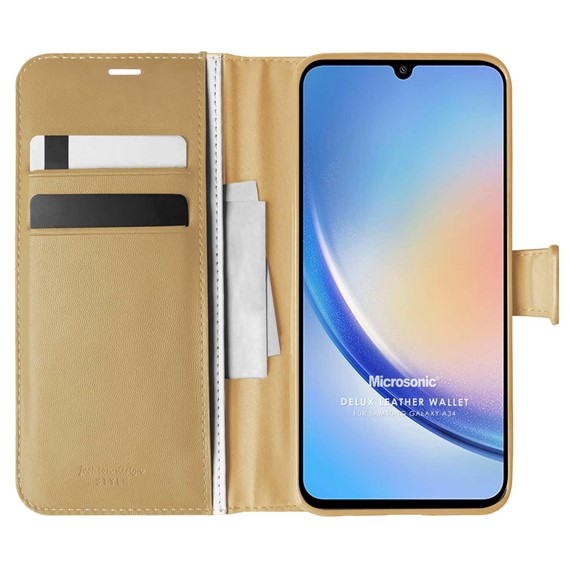 Microsonic Samsung Galaxy A34 Kılıf Delux Leather Wallet Gold 1
