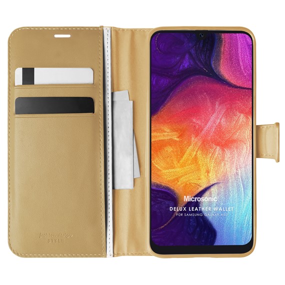 Microsonic Samsung Galaxy A50 Kılıf Delux Leather Wallet Gold 1