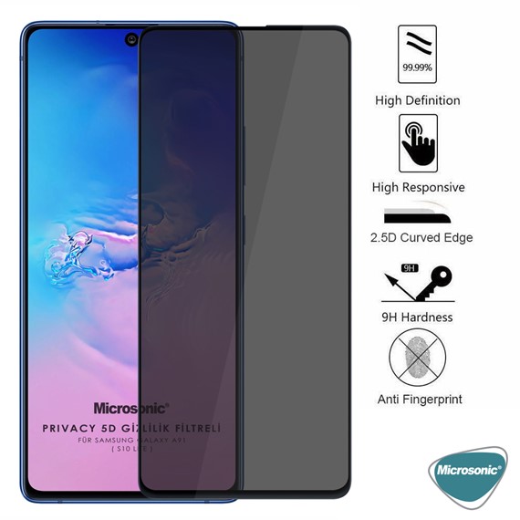 Microsonic Samsung Galaxy A91 Privacy 5D Gizlilik Filtreli Cam Ekran Koruyucu Siyah 3