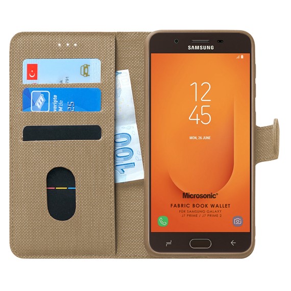 Microsonic Samsung Galaxy J7 Prime 2 Kılıf Fabric Book Wallet Gold 1