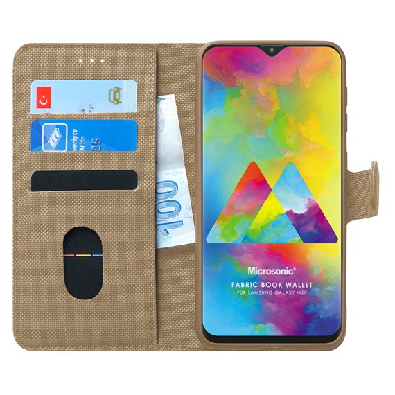 Microsonic Samsung Galaxy M20 Kılıf Fabric Book Wallet Gold 1