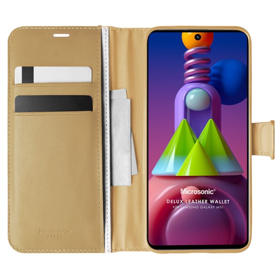 Microsonic Samsung Galaxy M51 Kılıf Delux Leather Wallet Gold 1