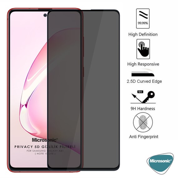 Microsonic Samsung Galaxy Note 10 Lite Privacy 5D Gizlilik Filtreli Cam Ekran Koruyucu Siyah 3