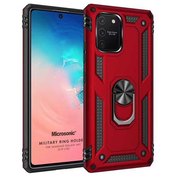 Microsonic Samsung Galaxy S10 Lite Kılıf Military Ring Holder Kırmızı 1