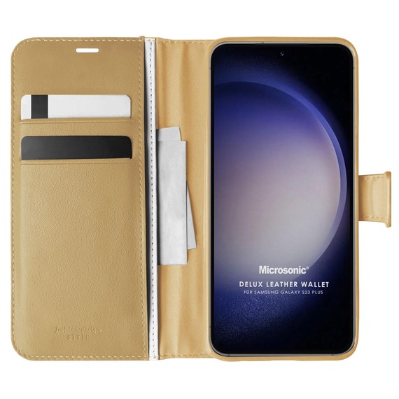 Microsonic Samsung Galaxy S23 Plus Kılıf Delux Leather Wallet Gold 1