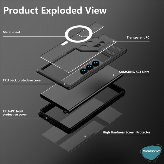 Microsonic Samsung Galaxy S24 Ultra Kılıf Waterproof 360 Full Body Protective Siyah 4