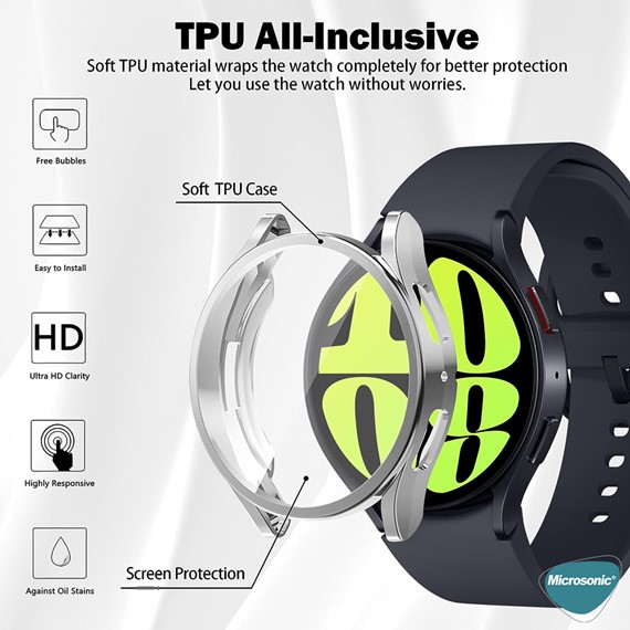 Microsonic Samsung Galaxy Watch 7 40mm Kılıf Ekranı Tam Kaplayan 360 Full Round Soft Silicone Siyah 5