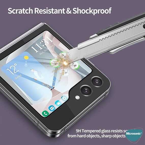 Microsonic Samsung Galaxy Z Flip 7 Tam Kaplayan Temperli Cam Ekran Koruyucu Siyah 3