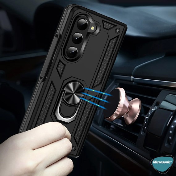 Microsonic Samsung Galaxy Z Fold 5 Kılıf Military Ring Holder Siyah 2