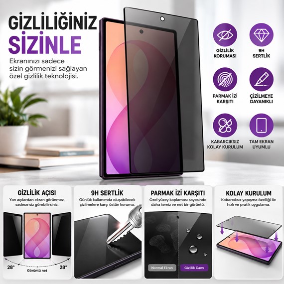 Microsonic Samsung Galaxy Z Fold 8 Ultra Privacy 5D Gizlilik Filtreli Cam Ekran Koruyucu Siyah 2