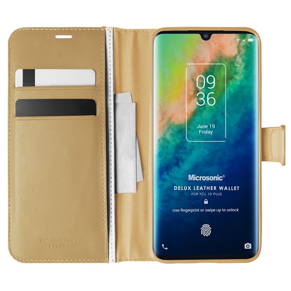 Microsonic TCL 10 Plus Kılıf Delux Leather Wallet Gold 1