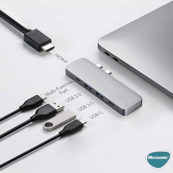 Microsonic Type-C to HDTV Multifunction Adapter 5 Port Macbook HDMI USB Typ-C dönüştürücü Adaptör Kablo Gri 2