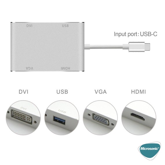 Microsonic Type-C to VGA DVI HDMI USB Adapter 4 in 1 Type-C Dönüştürücü Adaptör Kablo Gri 5