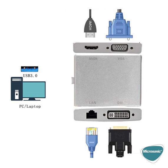 Microsonic USB 3 0 to VGA HDMI LAN DVI Adapter 4 in 1 USB Dönüştürücü Adaptör Kablo Gri 2