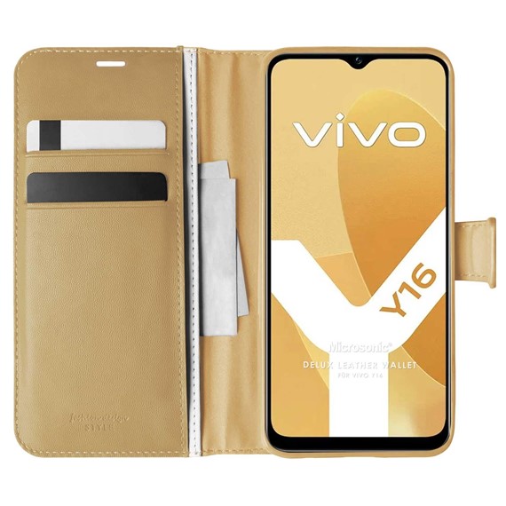 Microsonic Vivo Y16 Kılıf Delux Leather Wallet Gold 1