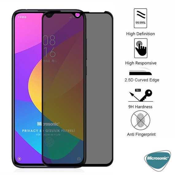 Microsonic Xiaomi Mi 9 Lite Privacy 5D Gizlilik Filtreli Cam Ekran Koruyucu Siyah 4