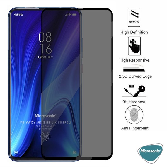 Microsonic Xiaomi Mi 9T Privacy 5D Gizlilik Filtreli Cam Ekran Koruyucu Siyah 4