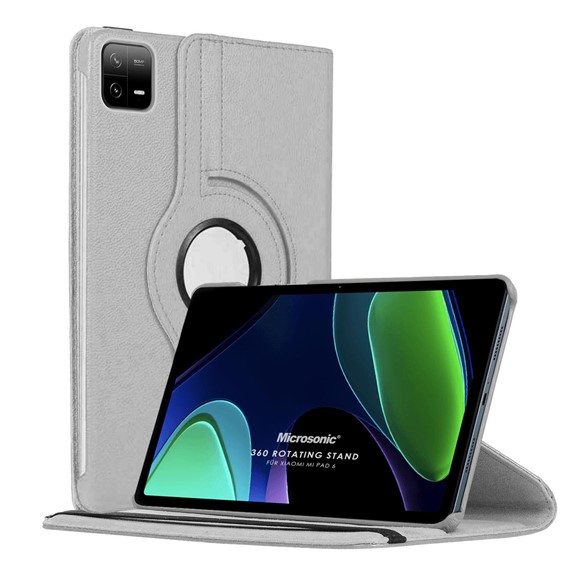 Microsonic Xiaomi Pad 6 Kılıf 360 Rotating Stand Deri Gümüş 1