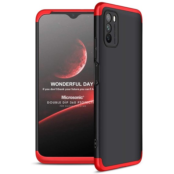 Microsonic Xiaomi Poco M3 Kılıf Double Dip 360 Protective Siyah Kırmızı 1