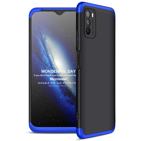 Microsonic Xiaomi Poco M3 Kılıf Double Dip 360 Protective Siyah Mavi 1