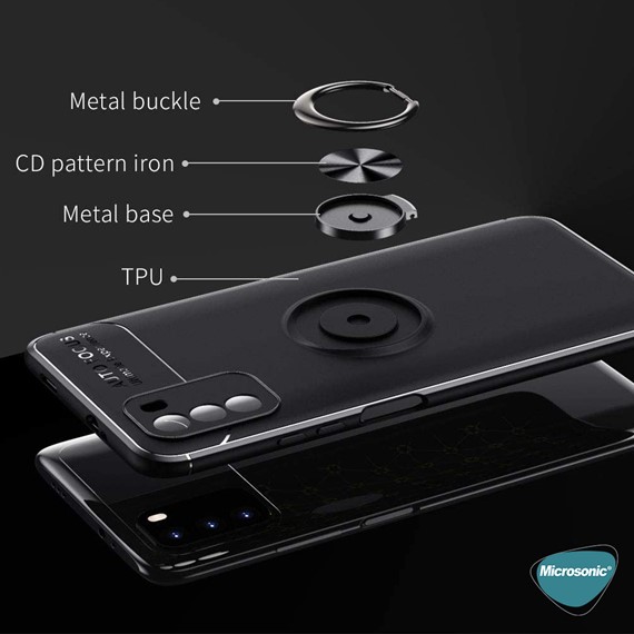 Microsonic Xiaomi Poco M3 Kılıf Kickstand Ring Holder Siyah Rose 8