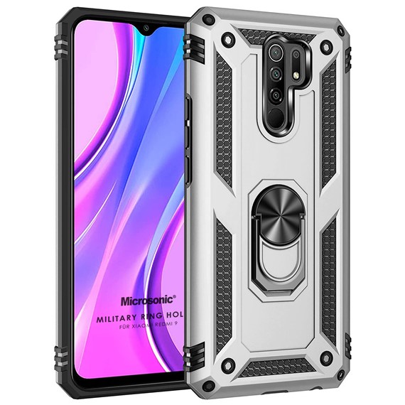 Microsonic Xiaomi Redmi 9 Kılıf Military Ring Holder Gümüş 1