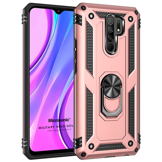 Microsonic Xiaomi Redmi 9 Kılıf Military Ring Holder Rose Gold 1