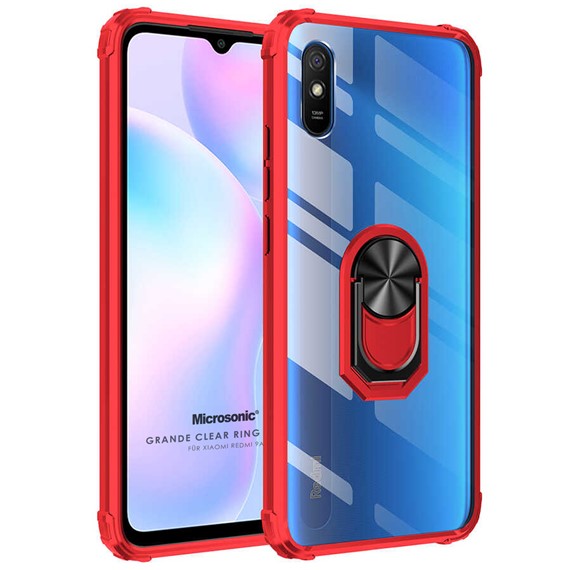 Microsonic Xiaomi Redmi 9A Kılıf Grande Clear Ring Holder Kırmızı 1