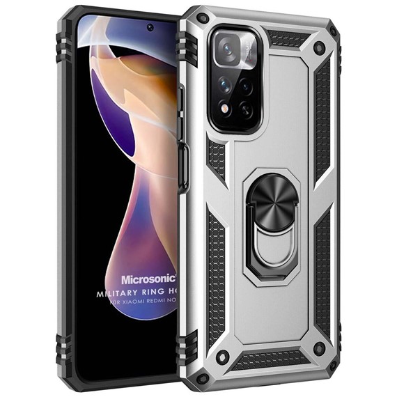 Microsonic Xiaomi Redmi Note 11 Pro Plus Kılıf Military Ring Holder Gümüş 1