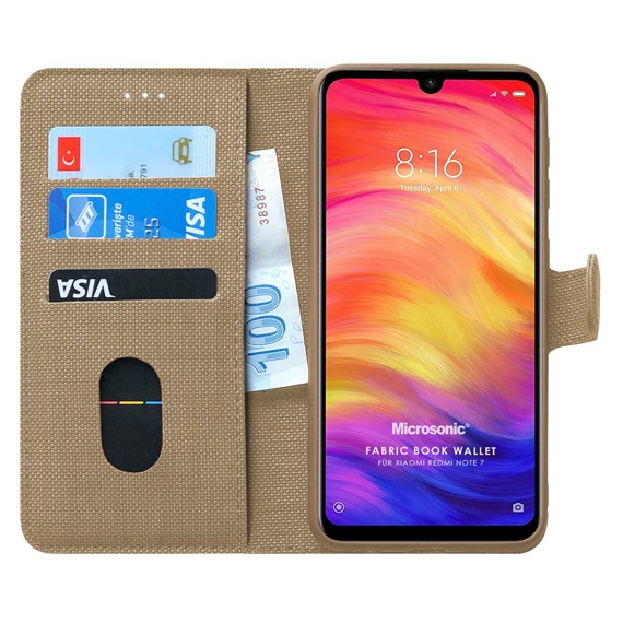 Microsonic Xiaomi Redmi Note 7 Kılıf Fabric Book Wallet Gold 1