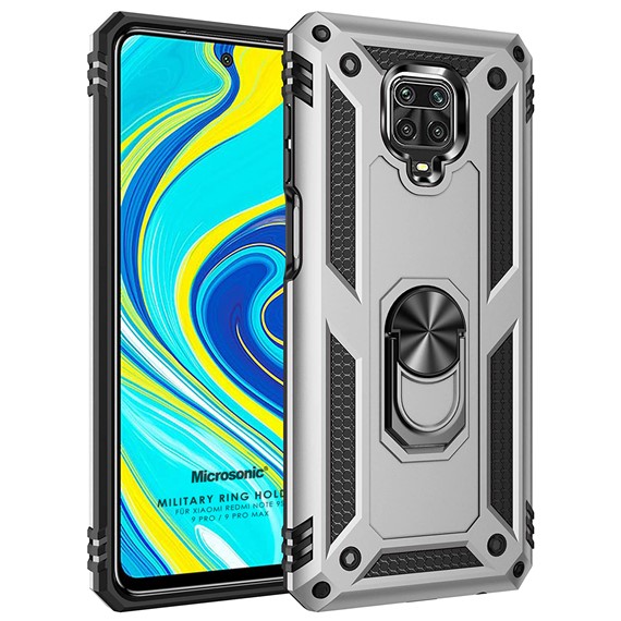 Microsonic Xiaomi Redmi Note 9 Pro Max Kılıf Military Ring Holder Gümüş 1