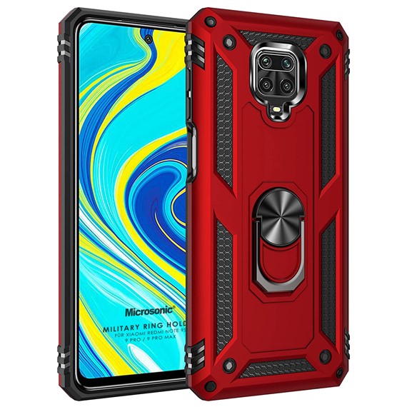 Microsonic Xiaomi Redmi Note 9 Pro Max Kılıf Military Ring Holder Kırmızı 1