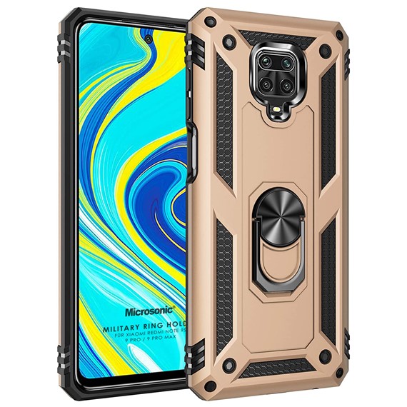 Microsonic Xiaomi Redmi Note 9 Pro Kılıf Military Ring Holder Gold 1