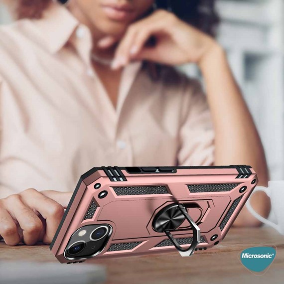 Microsonic Apple iPhone 14 Kılıf Military Ring Holder Rose Gold 6