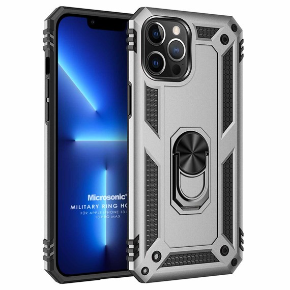 Microsonic Apple iPhone 13 Pro Max Kılıf Military Ring Holder Gümüş 1