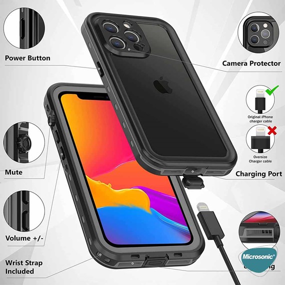 Microsonic Apple iPhone 11 Pro Kılıf Waterproof 360 Full Body Protective Siyah 5